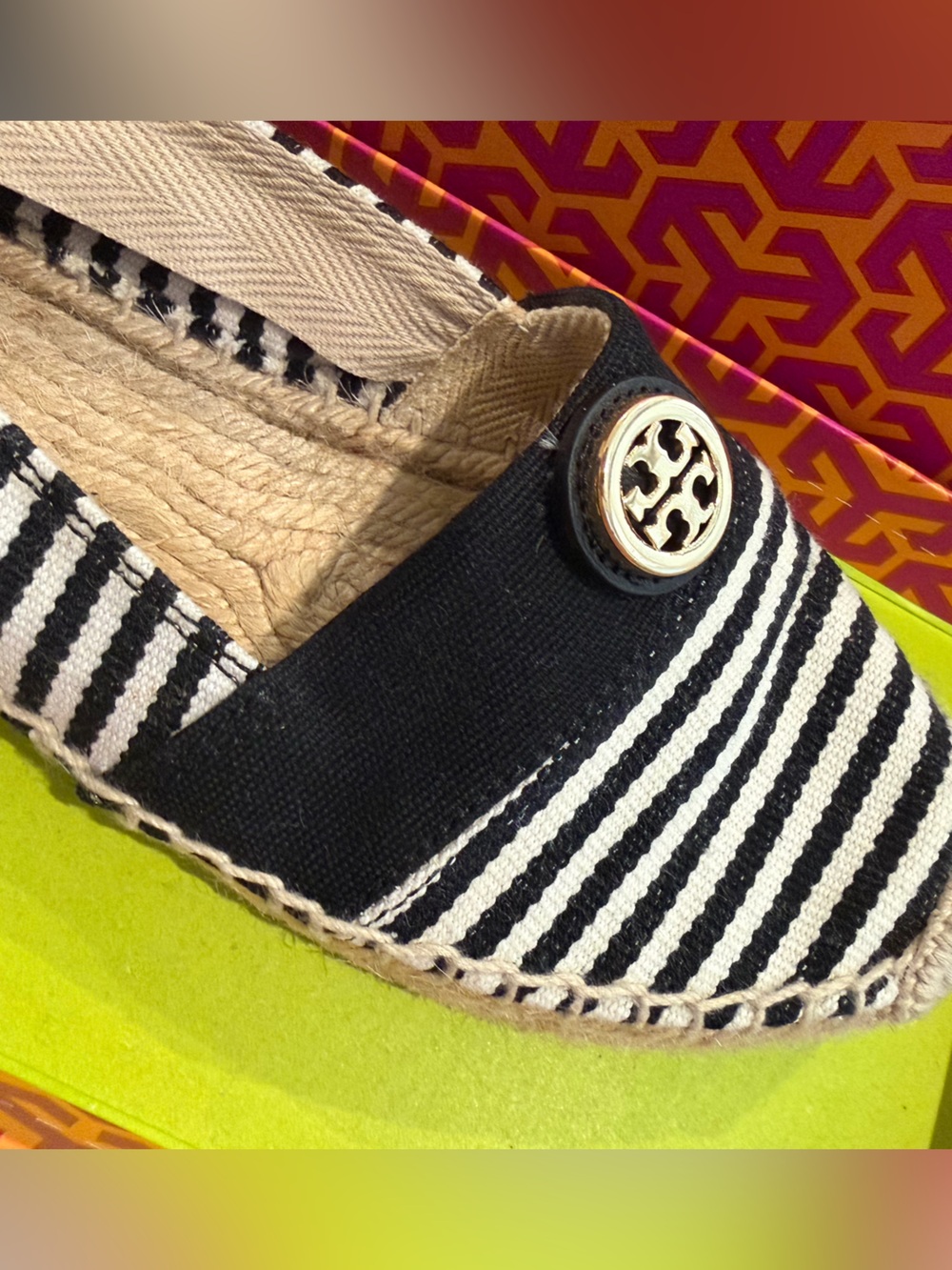 Tory Burch Beacher Striped Espadrille Flats with Logo Button